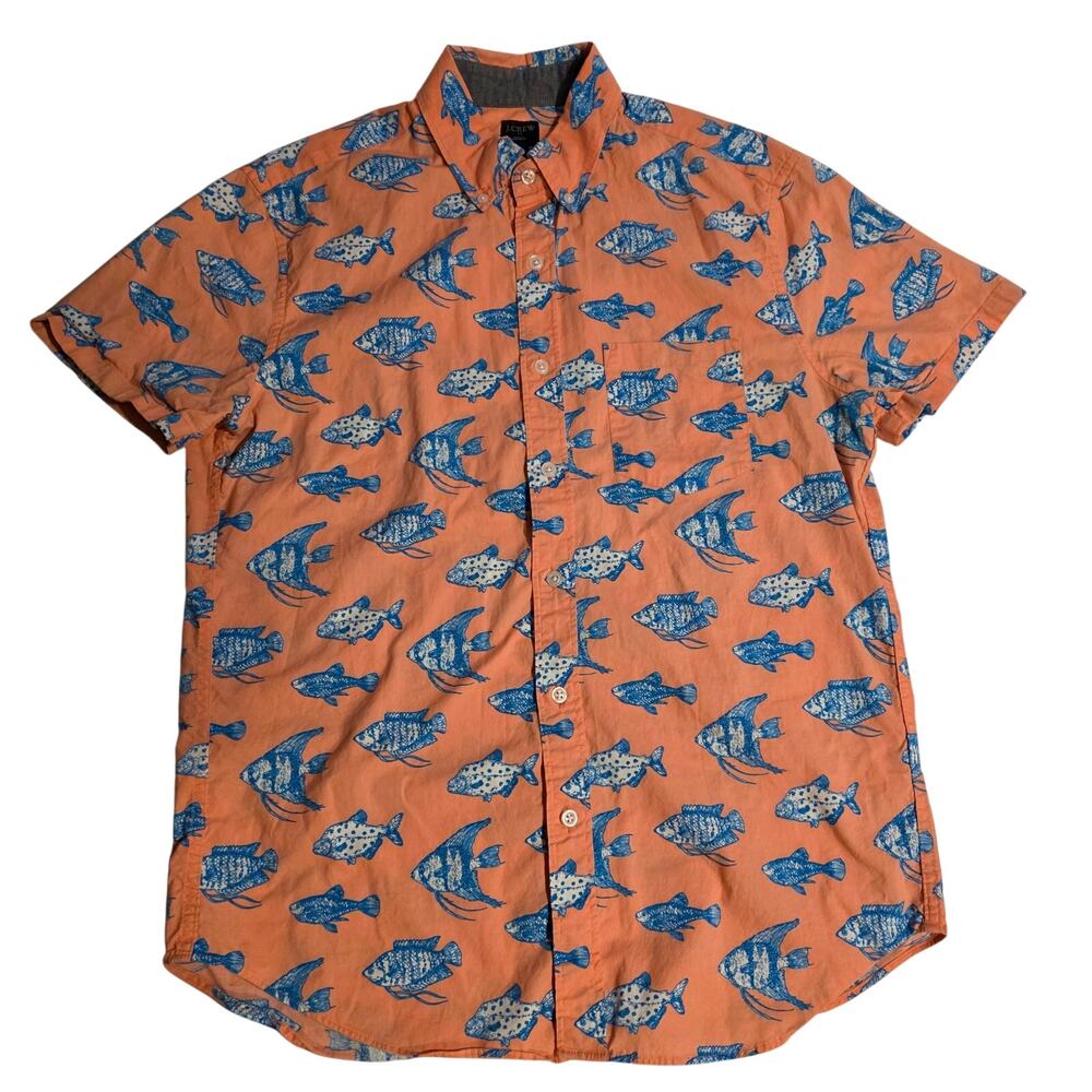 J.Crew Slim Fit Fish Print Short Sleeve Secret Wash‎ Shirt Medium Salmon AOP